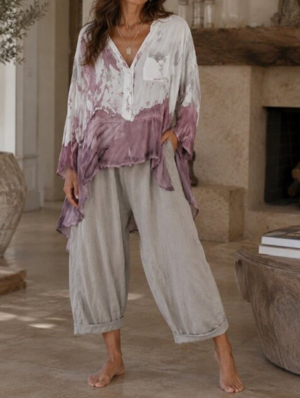 Scandal Italy Silk Blend Tie-Dye Mauve & White Deep V-Neck Tunic Top
